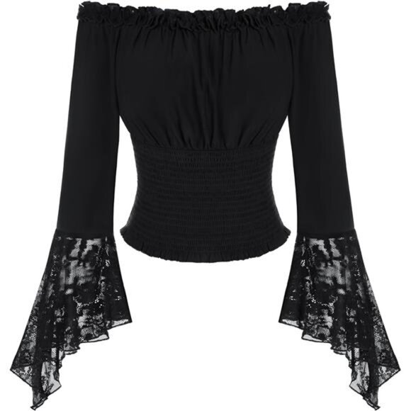 Renaissance Shirt Bell Sleeve Off The Shoulder Black - Picture 1 of 7